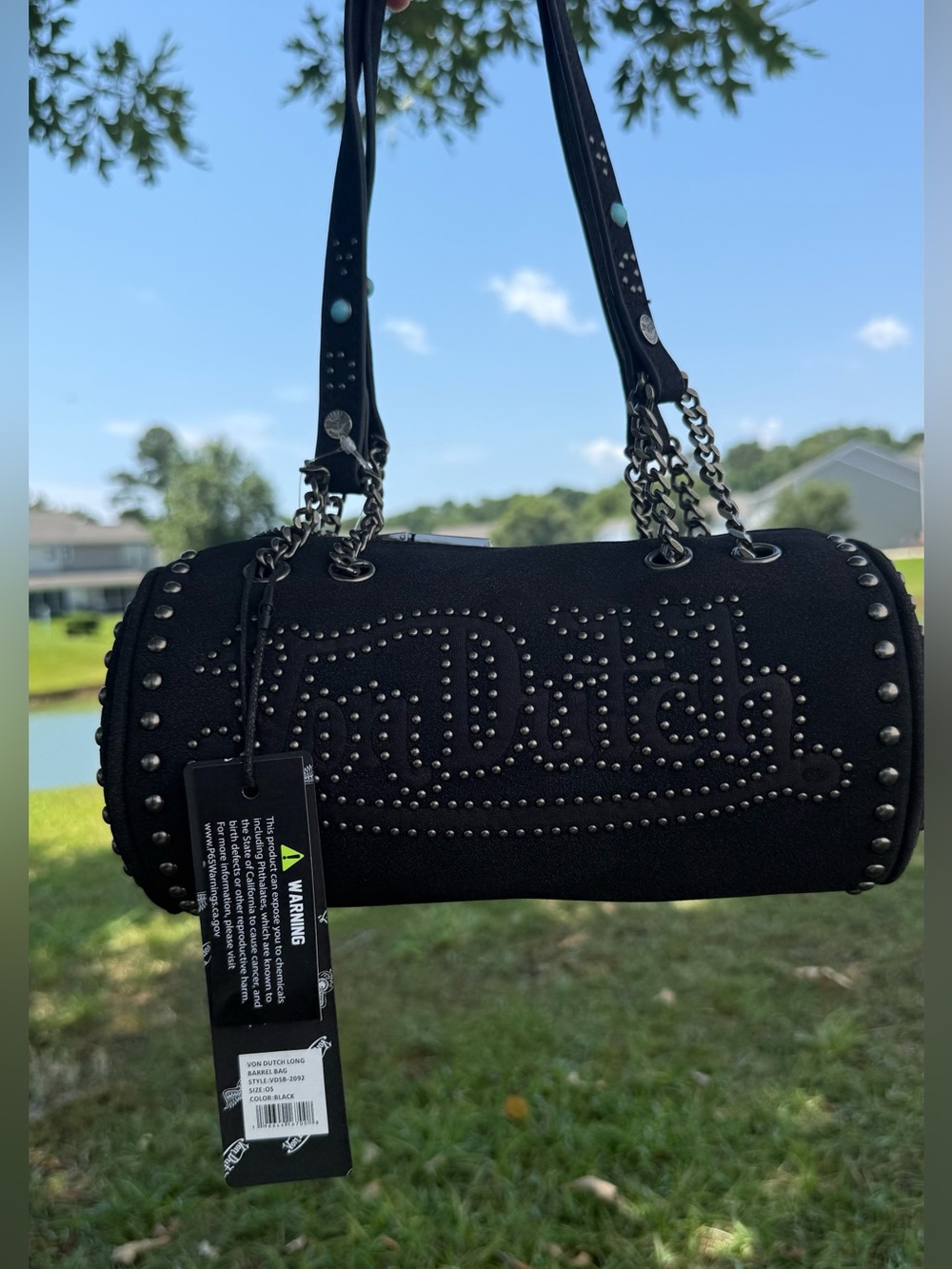 NWT Von Dutch Black Studded Long Barrel Bag Chain Shoulder Purse Y2K Goth Punk